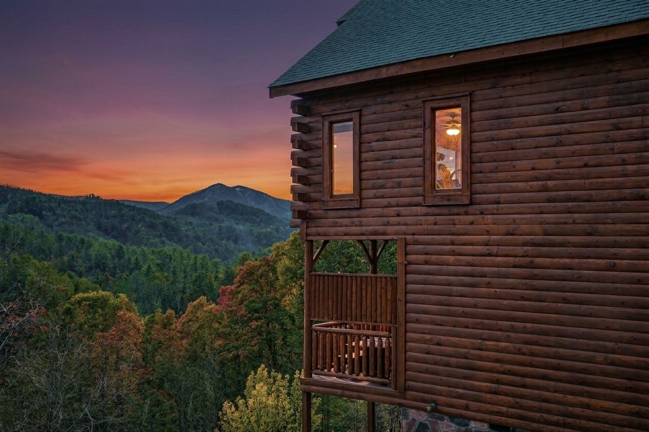 Une cabane en rondins dotée d’un balcon donnant sur une vallée boisée.