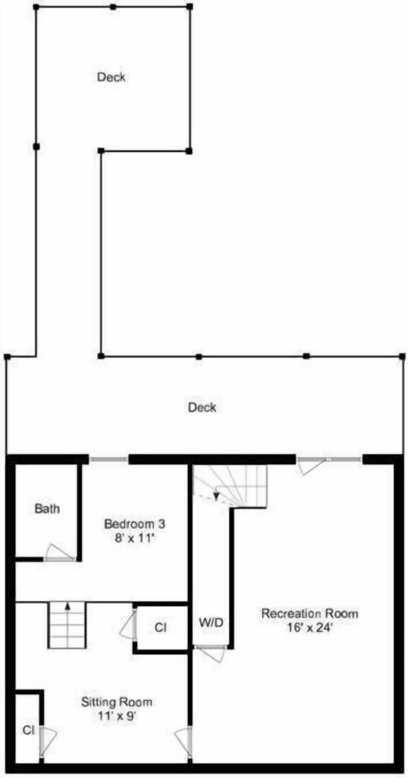 A floor plan with a deck, a recreation room, a sitting room, a bedroom, and a bathroom.