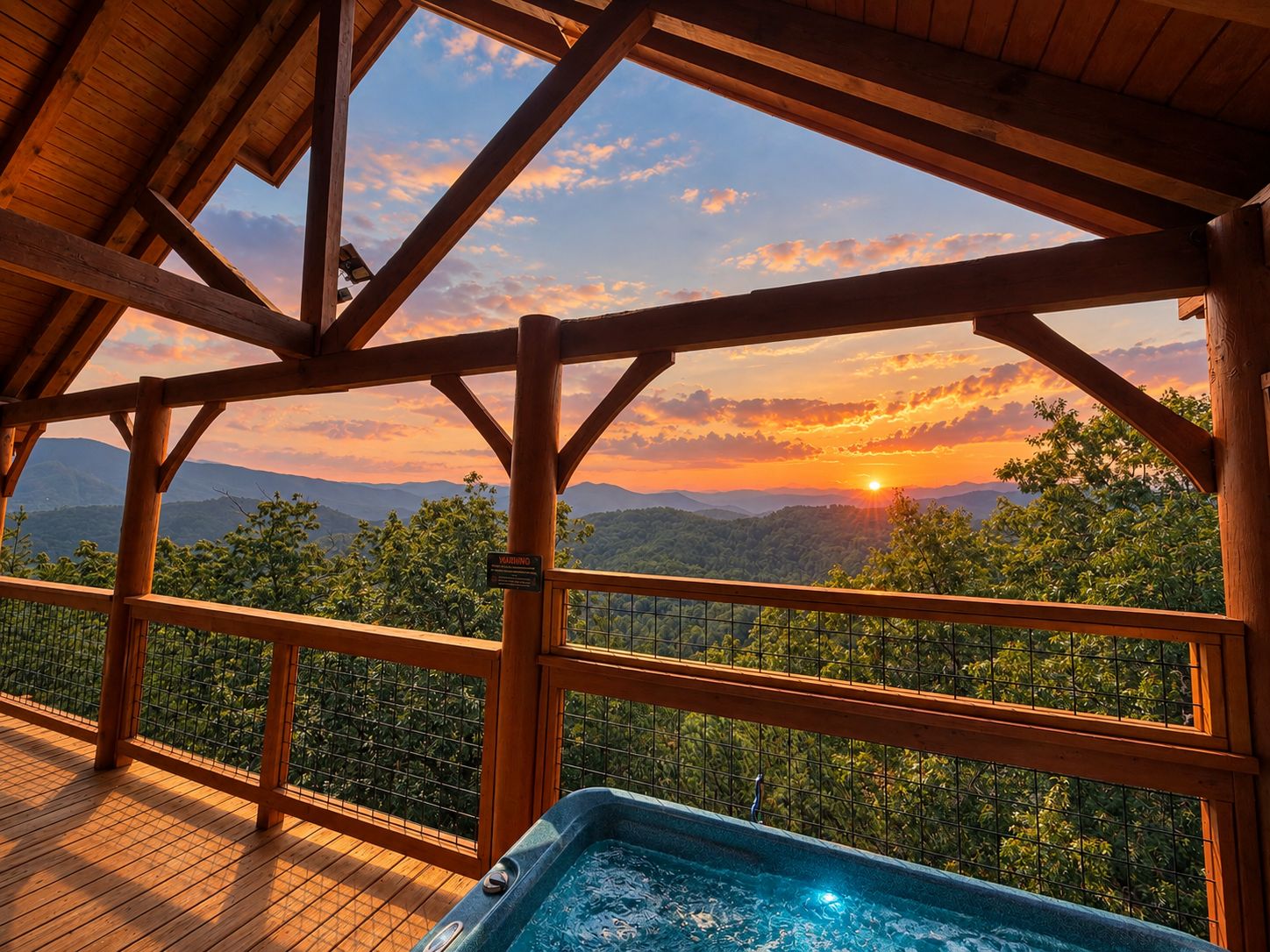 Een houten terras met een jacuzzi en uitzicht op een berglandschap in de zonsondergang.