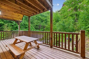 Une terrasse en bois, dotée d’une table de pique-nique et d’une rambarde, entourée d’une végétation luxuriante.