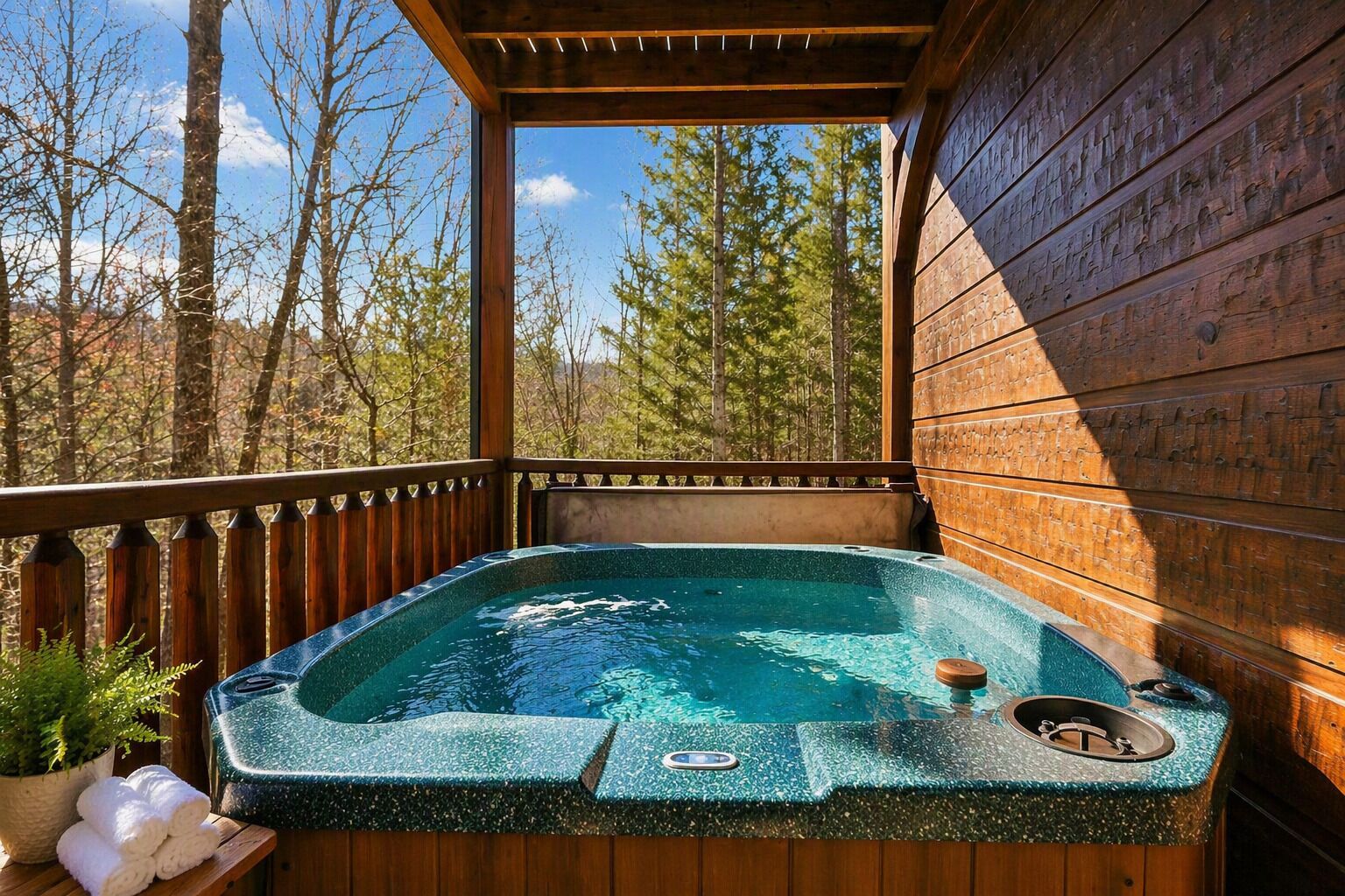 A hot tub on a wooden deck with a view of trees.