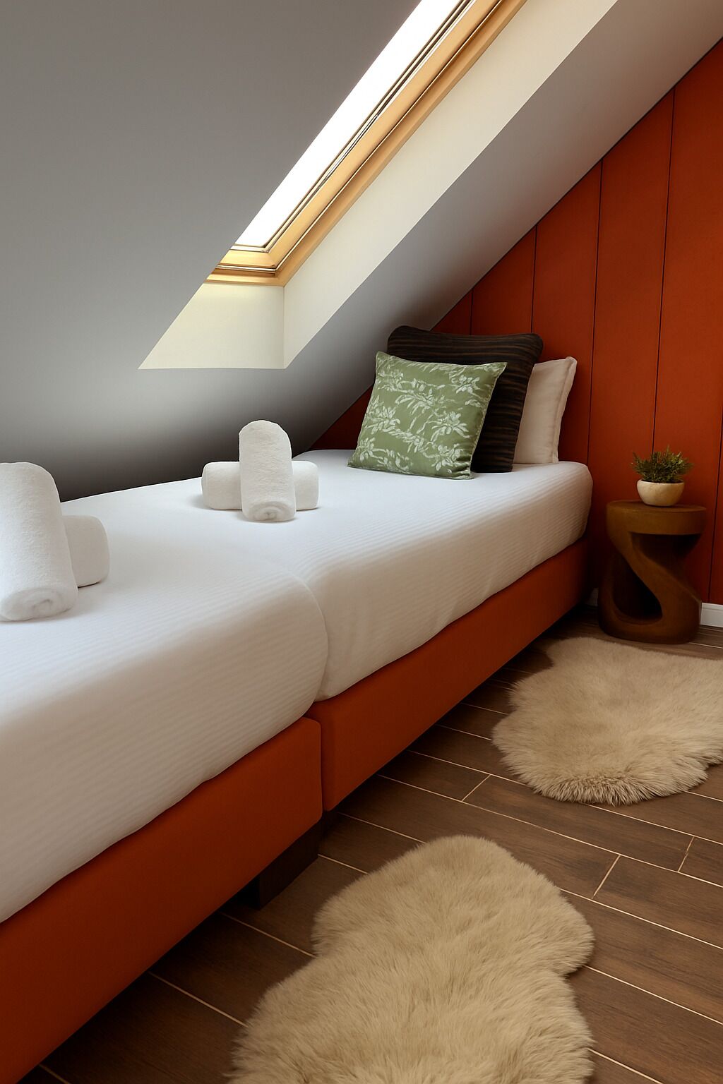 Une chambre moderne avec un plafond en pente, un puits de lumière, un lit recouvert de draps blancs, un coussin à motifs floraux verts et une petite plante posée sur une table de chevet.