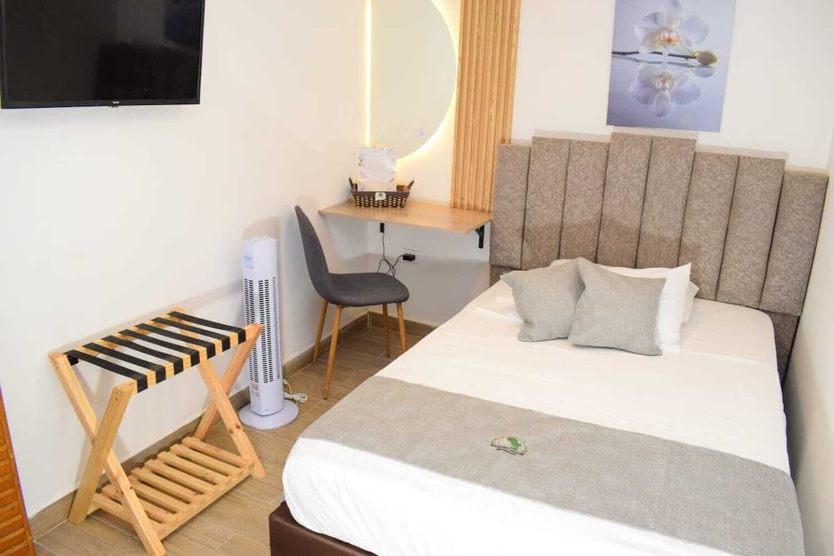 A hotel room with a bed, a desk, a chair, a standing heater, and a TV.