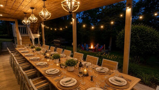 An outdoor dining area with a long wooden table set for a meal, surrounded by chairs, under a wooden pergola with hanging lights.