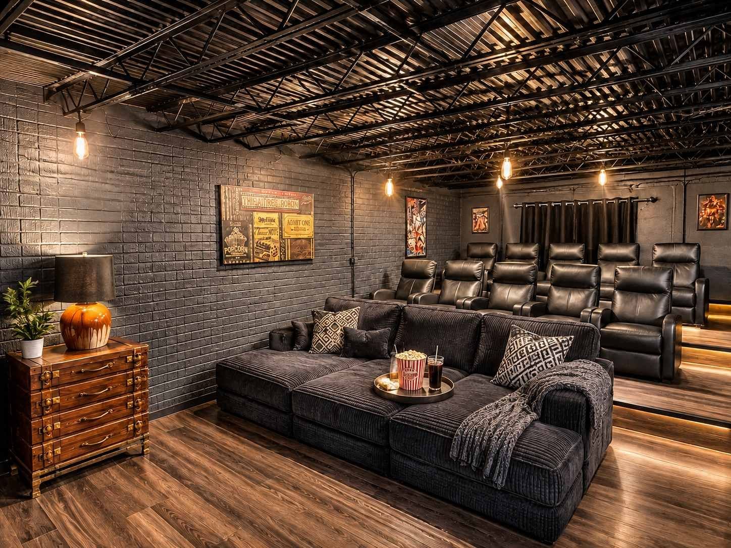 Um quarto aconchegante com parede de tijolos escuros, um sofá de couro, um conjunto de gavetas de madeira e uma tela de projetor.