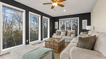 Smart TV, fireplace, video games, foosball