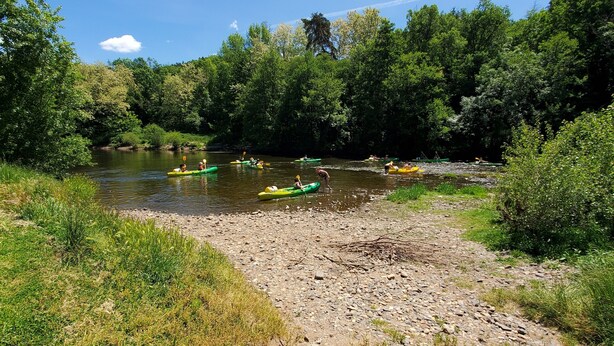 Orilla de río con kayaks, rodeada de abundante vegetación y árboles.