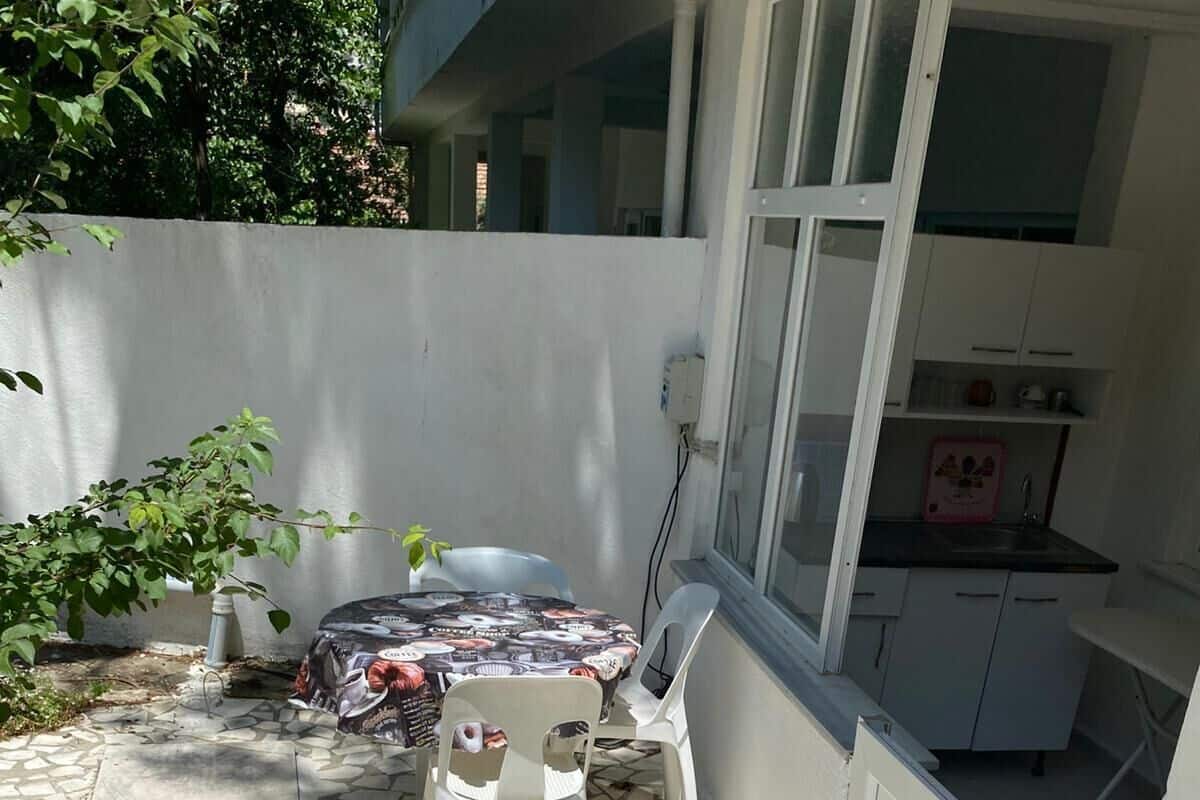 A small outdoor patio with a table and chairs, a potted plant, and a kitchen area with cabinets and a sink.
