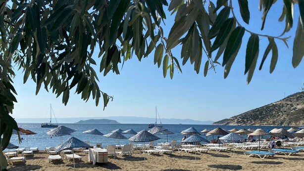 A beach with rows of sun loungers and umbrellas, a sandy beach, and a clear view of the sea and distant islands. - Kalemi Pansiyon (Marmara)