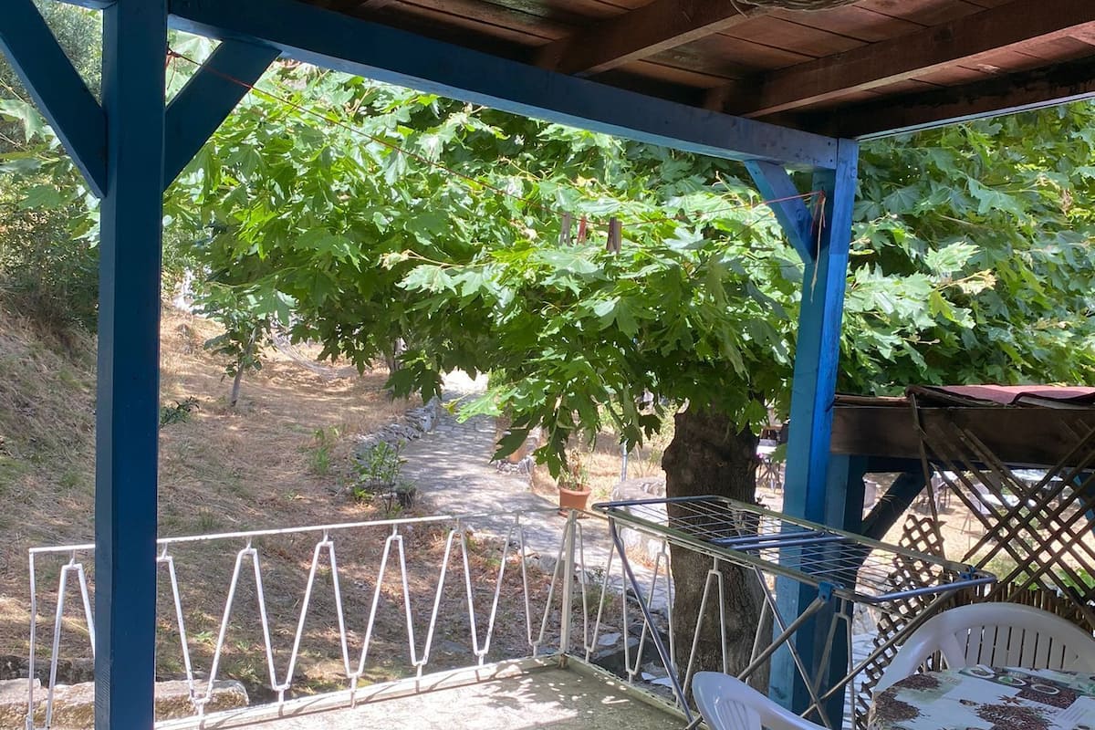 A covered outdoor seating area with a view of a tree and a pathway.