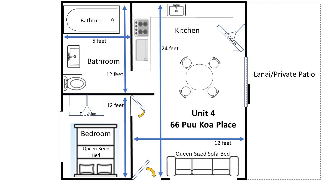 Plan d’étage d’une chambre d’hôtel comprenant une salle de bain, une chambre, une cuisine, une véranda et un patio privé.