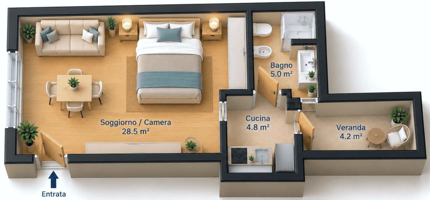 A floor plan of a hotel room with a living area, bedroom, bathroom, and kitchenette.