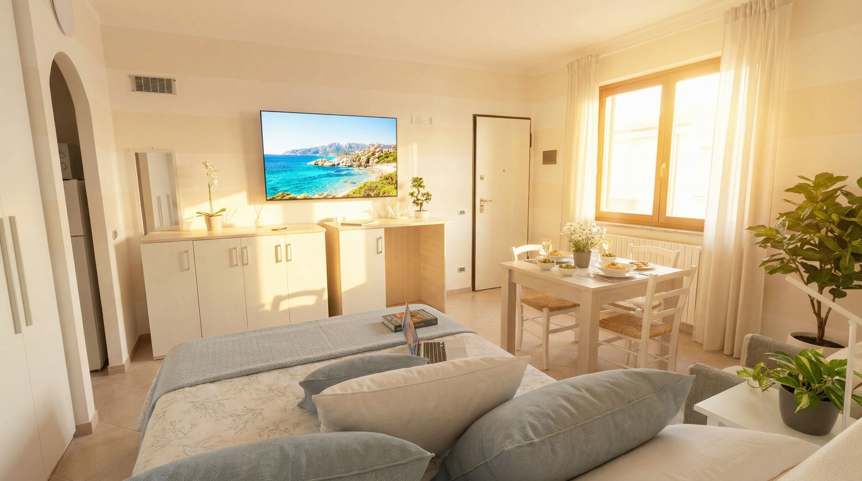 A hotel room with a bed, a desk with a chair, a TV on the wall, and a window with curtains.