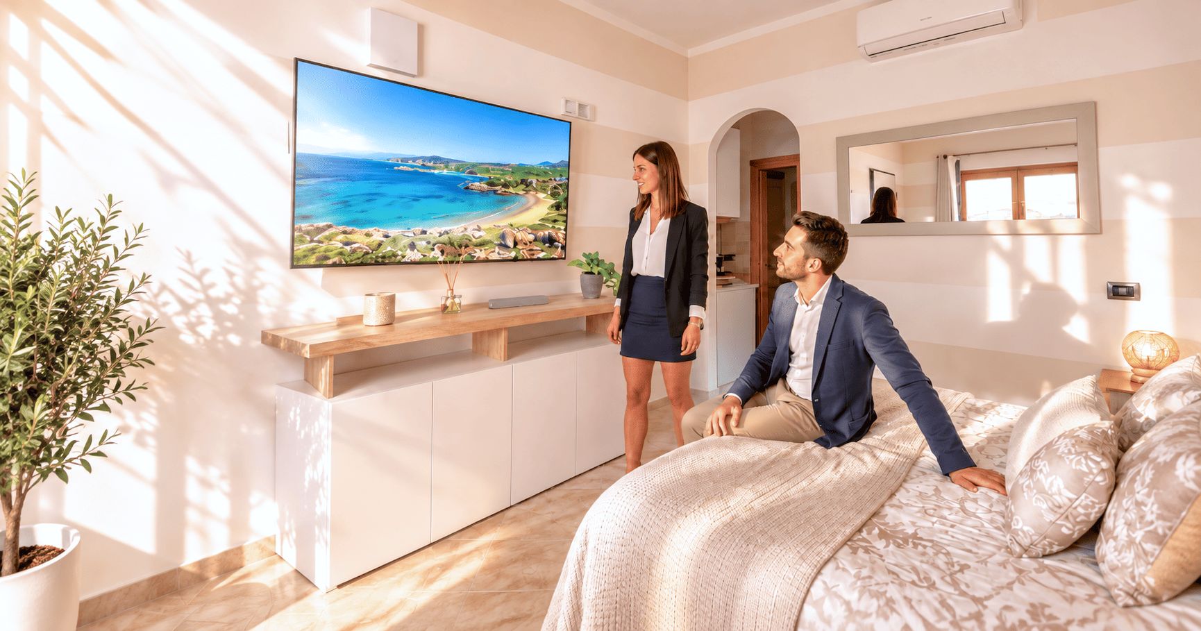 Ein modernes Hotelzimmer mit einem großen Flachbildfernseher, einem Bett mit gemusterten Betttextilien, einer Topfpflanze und einem Holzkonsolentisch.