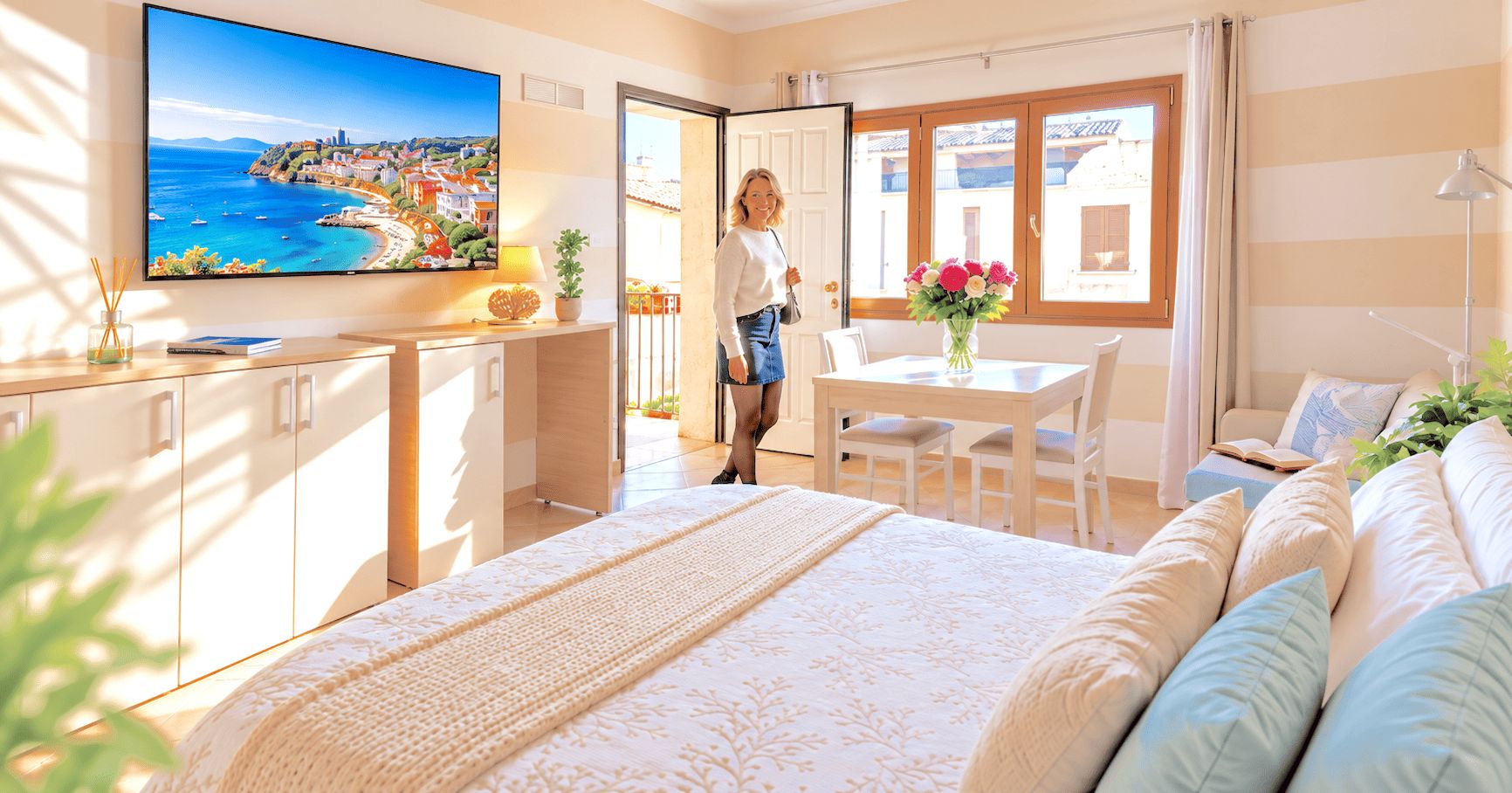 Een hotelkamer met een bed, een televisie, een eettafel en uitzicht op zee.