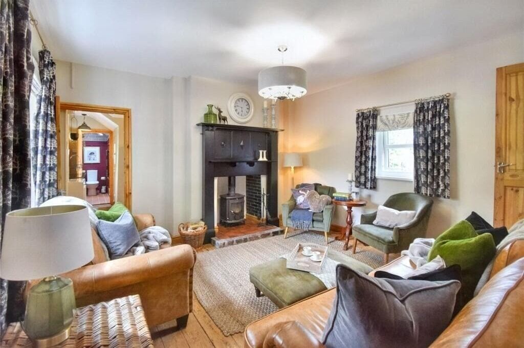 Televisio, takka, työhuone