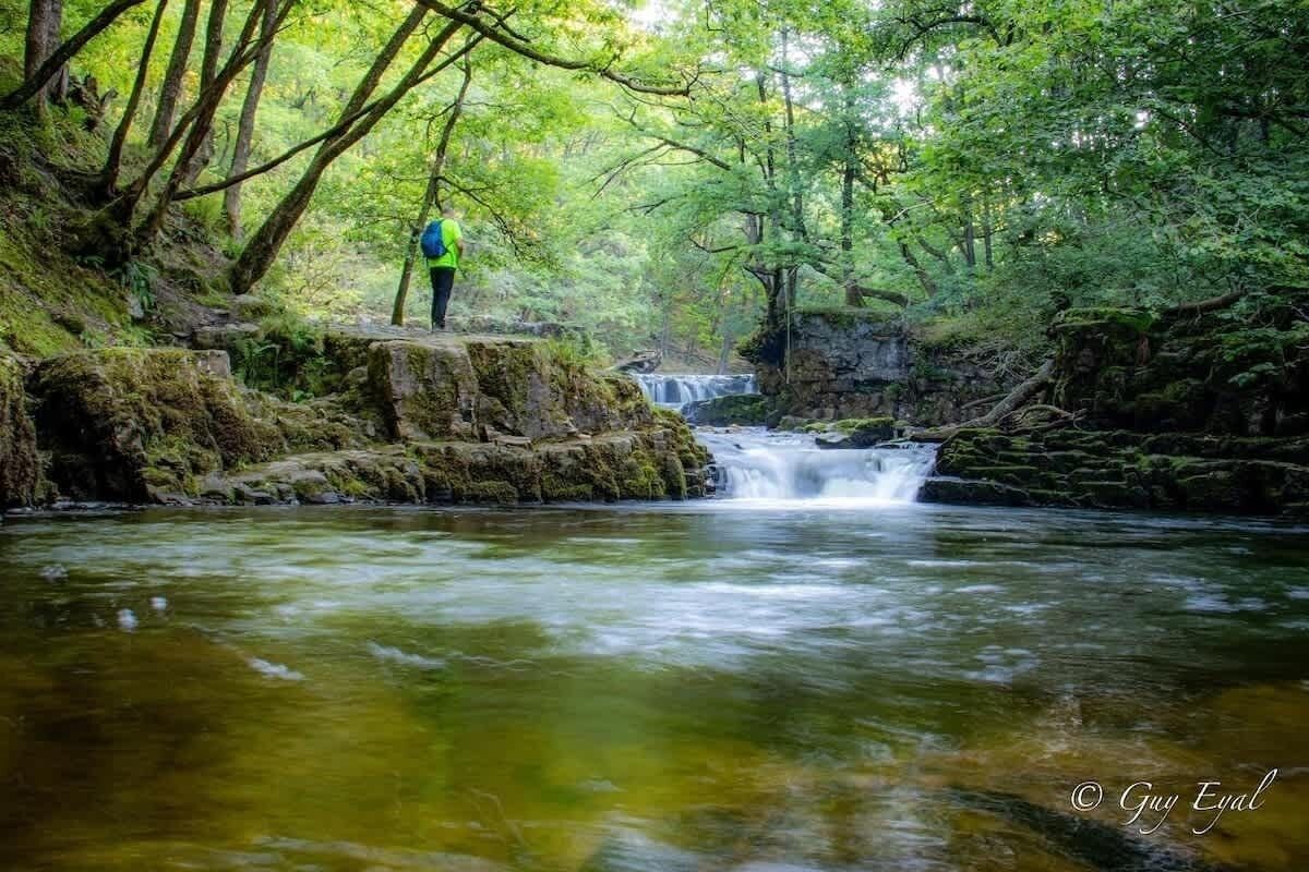 Una persona parada sobre un saliente rocoso con vistas a una cascada en un área boscosa.