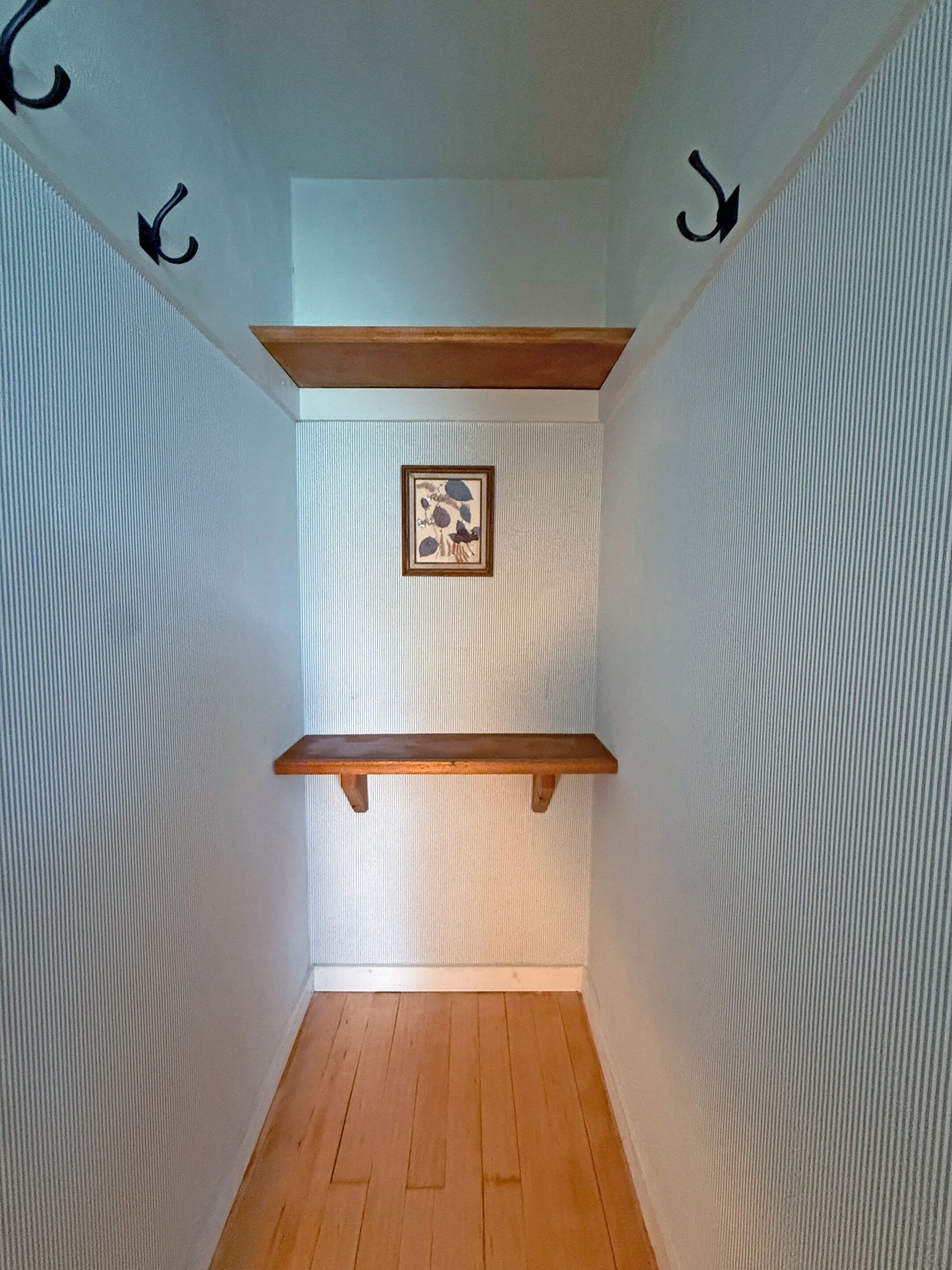A narrow hallway with wooden flooring, a framed picture on the wall, and two wooden shelves.