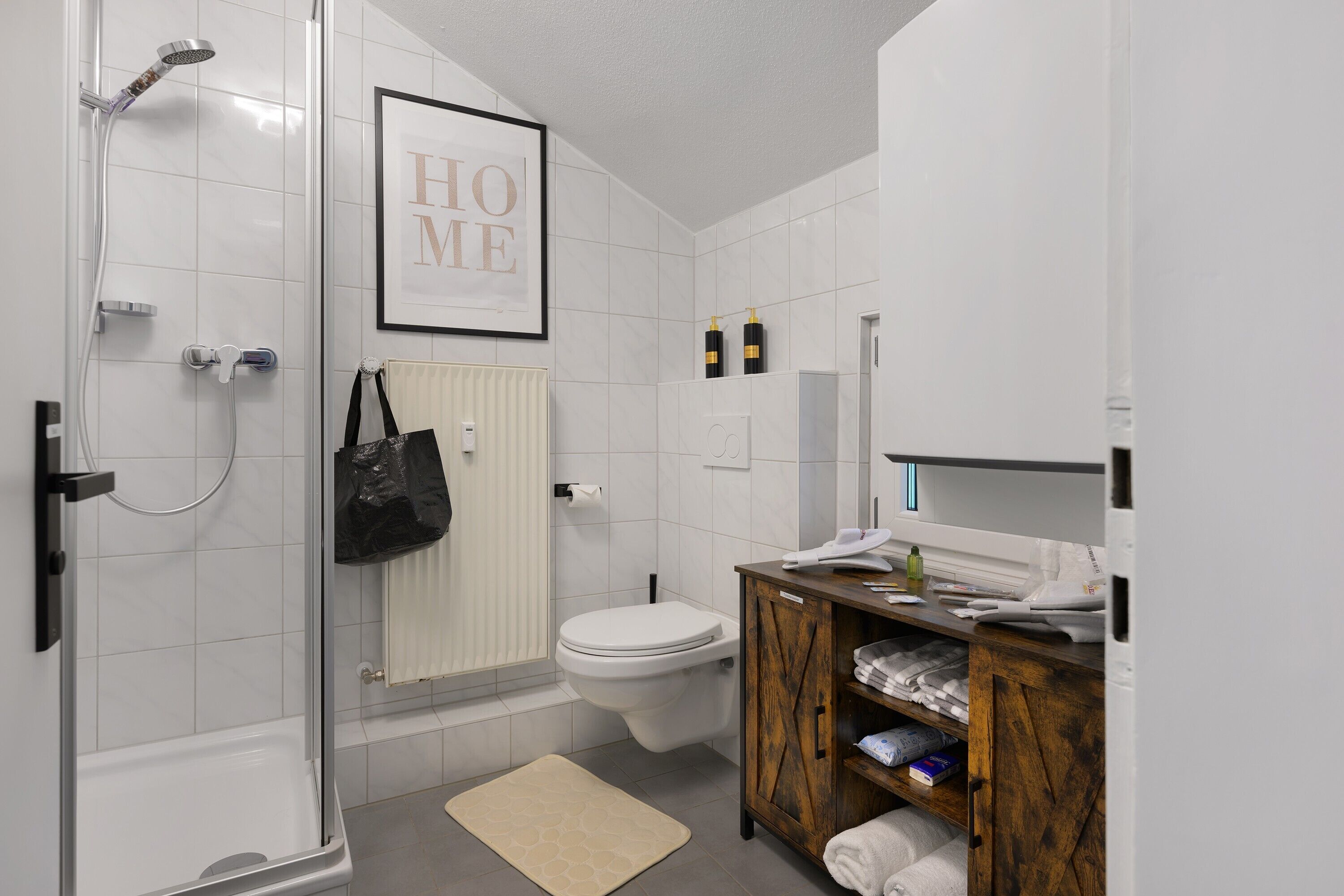 Shower, hair dryer, towels
