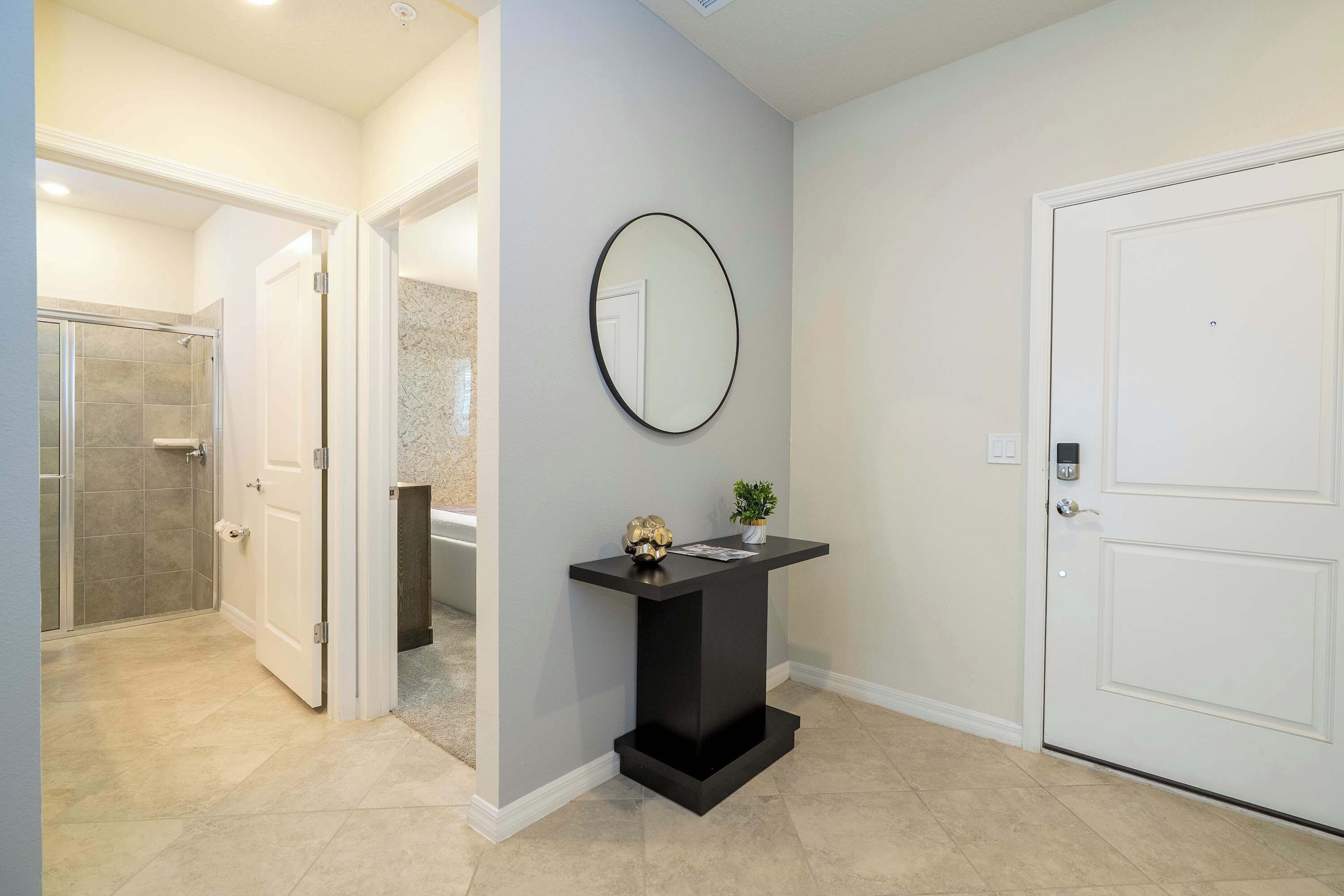 A modern bathroom with a shower, a vanity with a mirror, and a door.