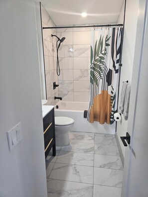 Hair dryer, towels, soap, toilet paper