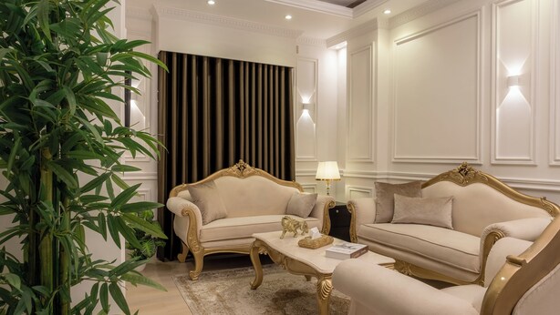 A luxurious living room with two beige sofas, a coffee table, and a large green plant. - The Versailles Suite A Designer Home in Dhaka (Dhaka)