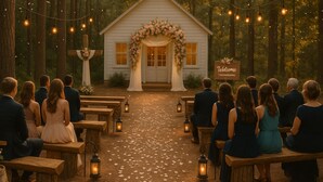 Une chapelle rustique en bois, ornée d’une croix, de bancs et d’une pancarte « Bienvenue », entourée d’arbres et illuminée de guirlandes lumineuses.