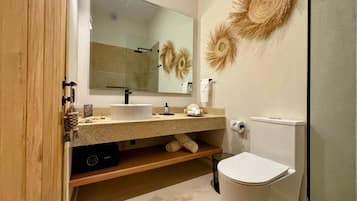 A modern bathroom with a glass shower enclosure, a sink with a mirror, and a toilet.