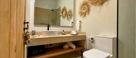 A modern bathroom with a glass shower enclosure, a sink with a mirror, and a toilet.