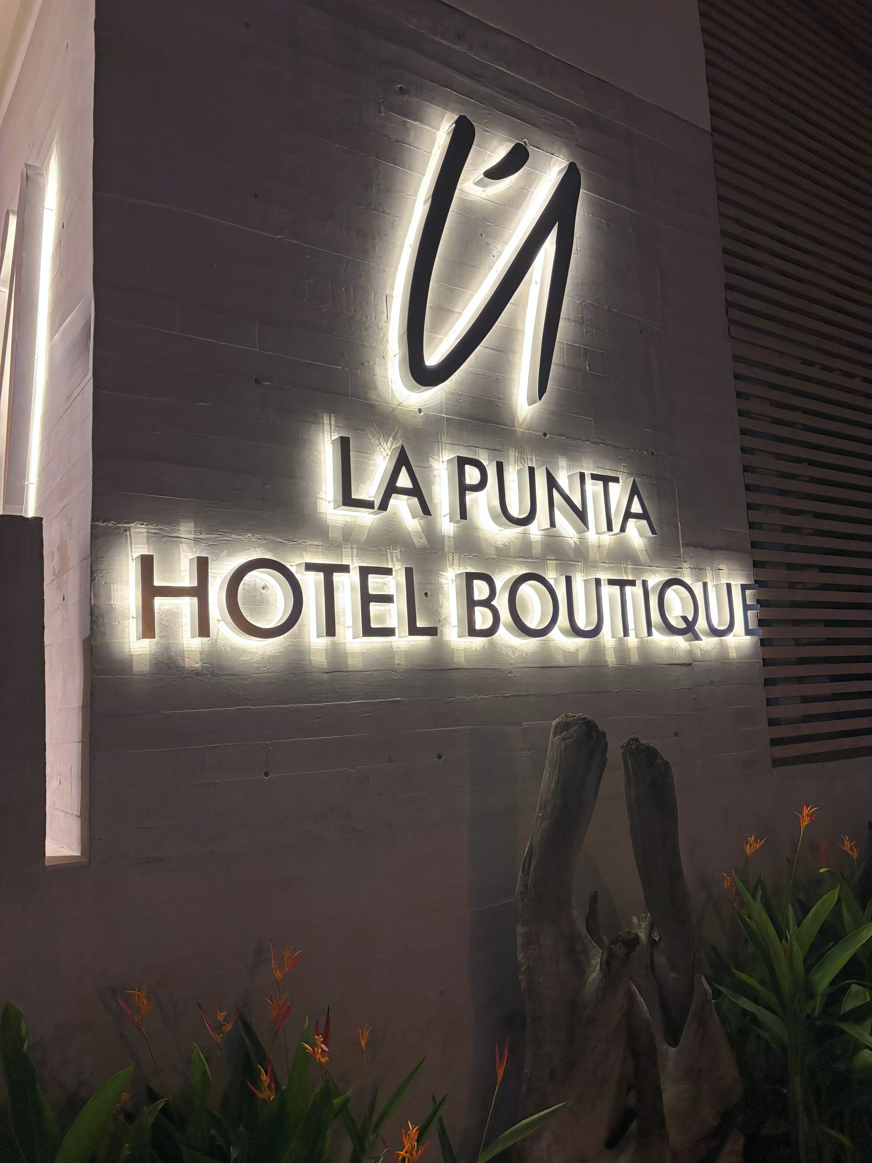 Un letrero para "LA PUNTA HOTEL BOUTIQUE" con letras iluminadas.