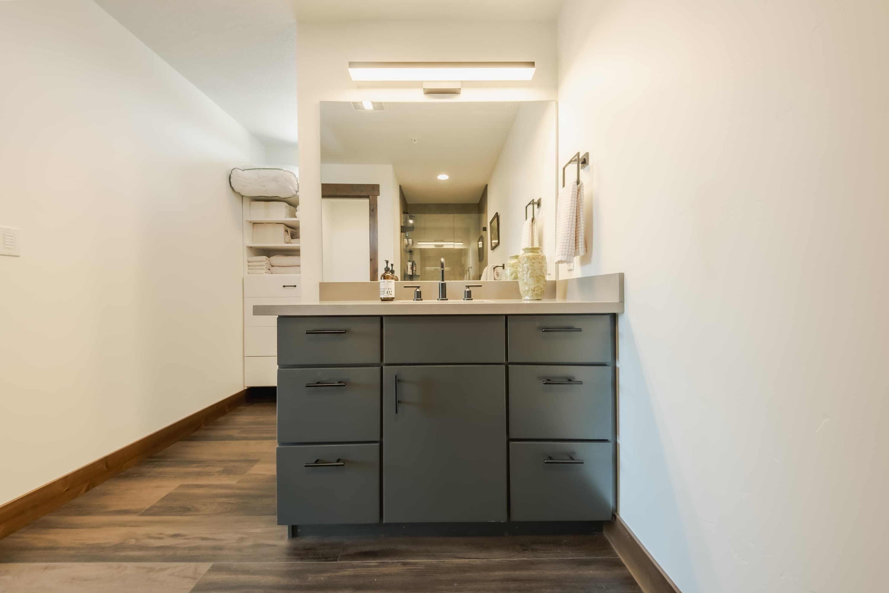Un bagno moderno con un mobile lavabo, uno specchio e una doccia.