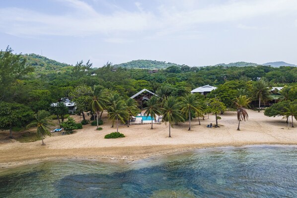 A beachfront property with a pool, palm trees, and a hillside backdrop.