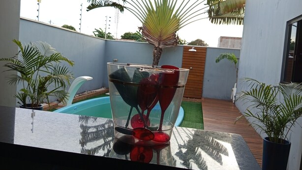 A poolside area with a glass table holding wine glasses and a potted plant. - Big House Leisure 🌊 (Dourados)