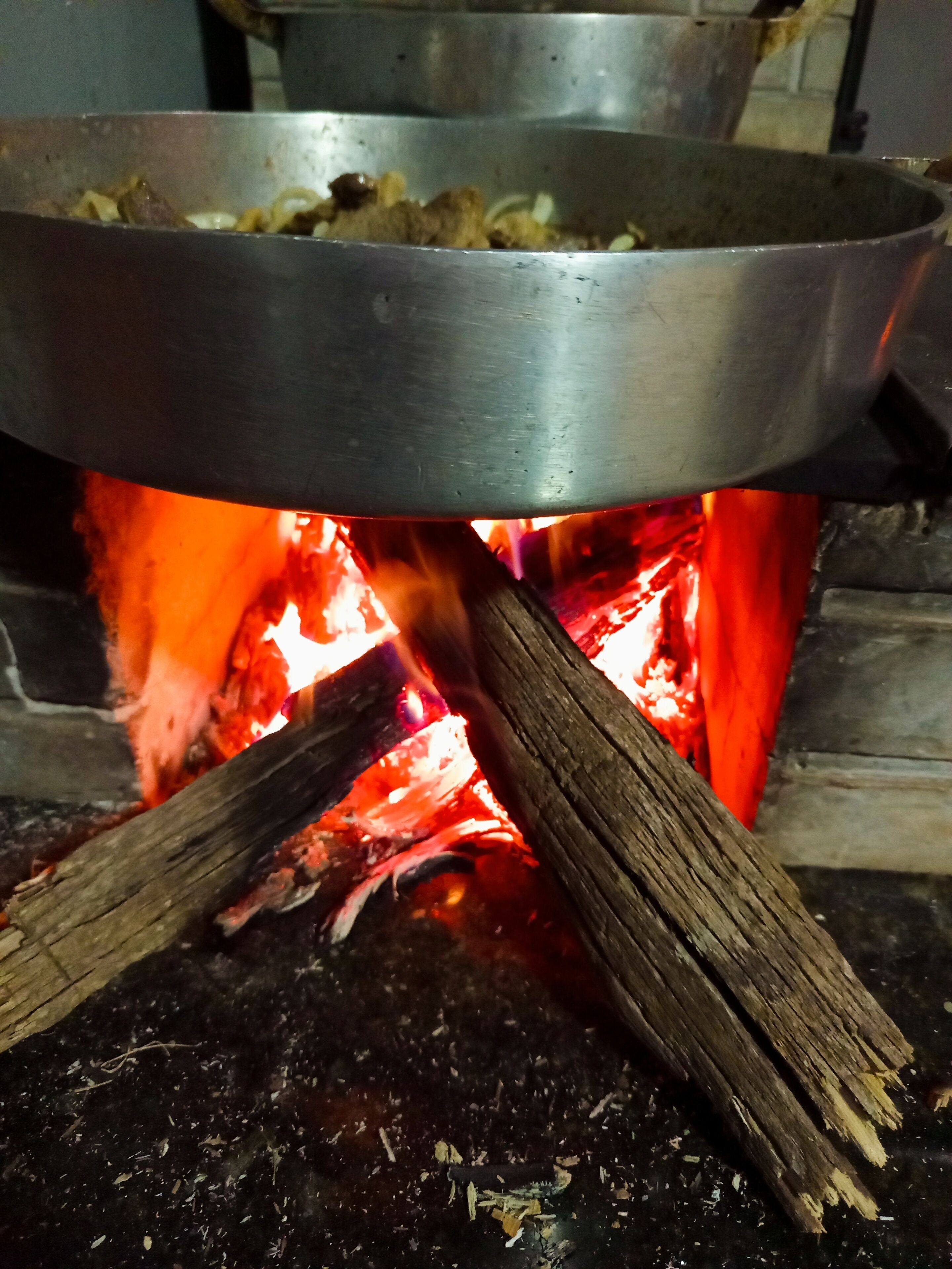 A cooking pot over an open flame with logs underneath.