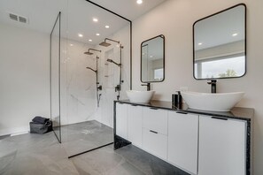 Hair dryer, towels, soap, toilet paper