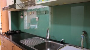 Una cucina con lavello in acciaio inox, piano cottura a gas e parete di fondo verde.