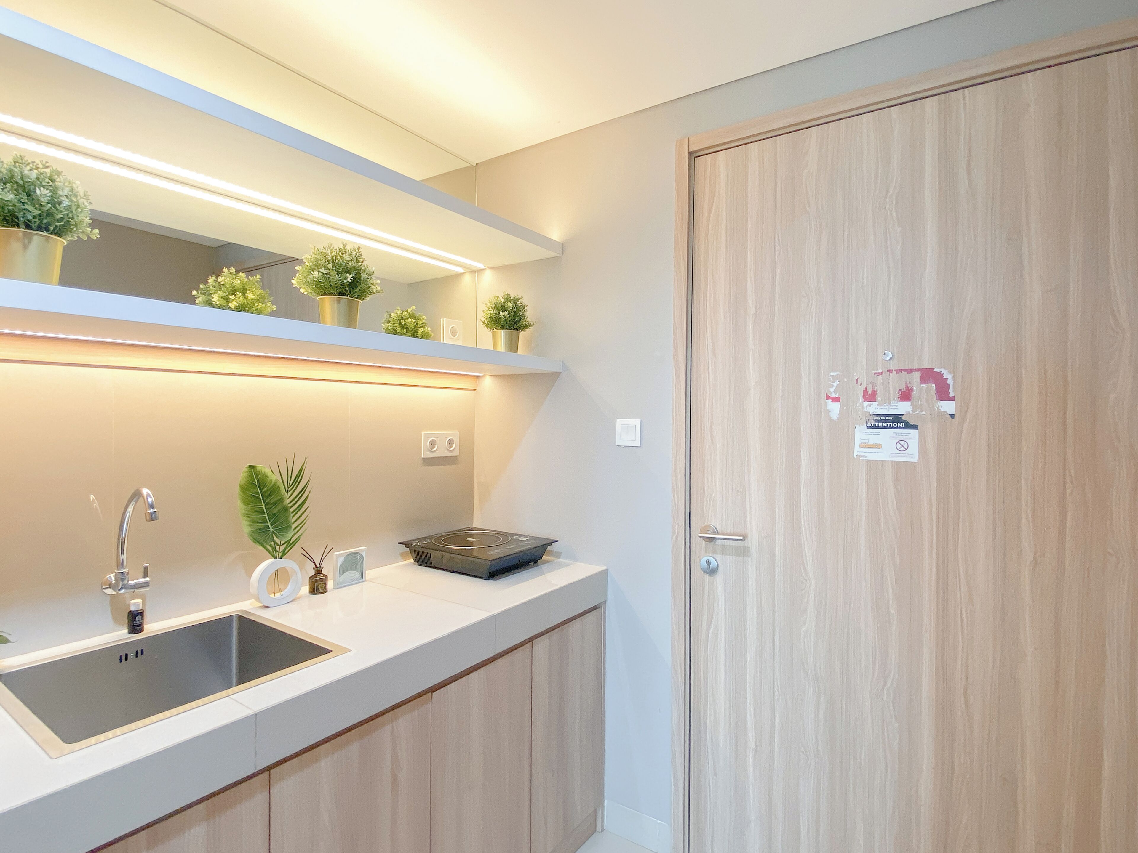 A modern kitchen with a built-in sink, a stove, and a countertop with potted plants.