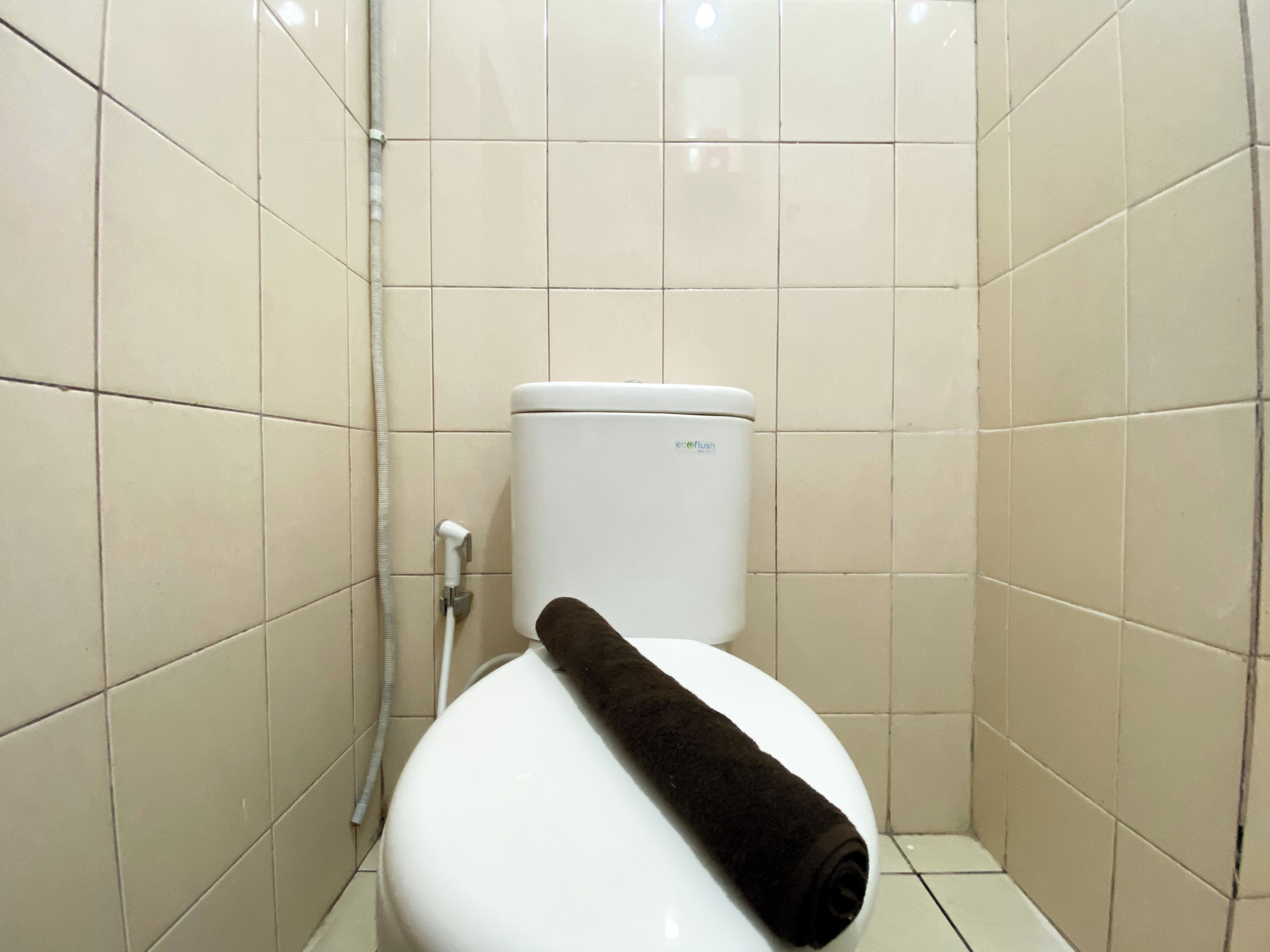 A small, tiled bathroom with a white toilet and a visible toilet paper holder.