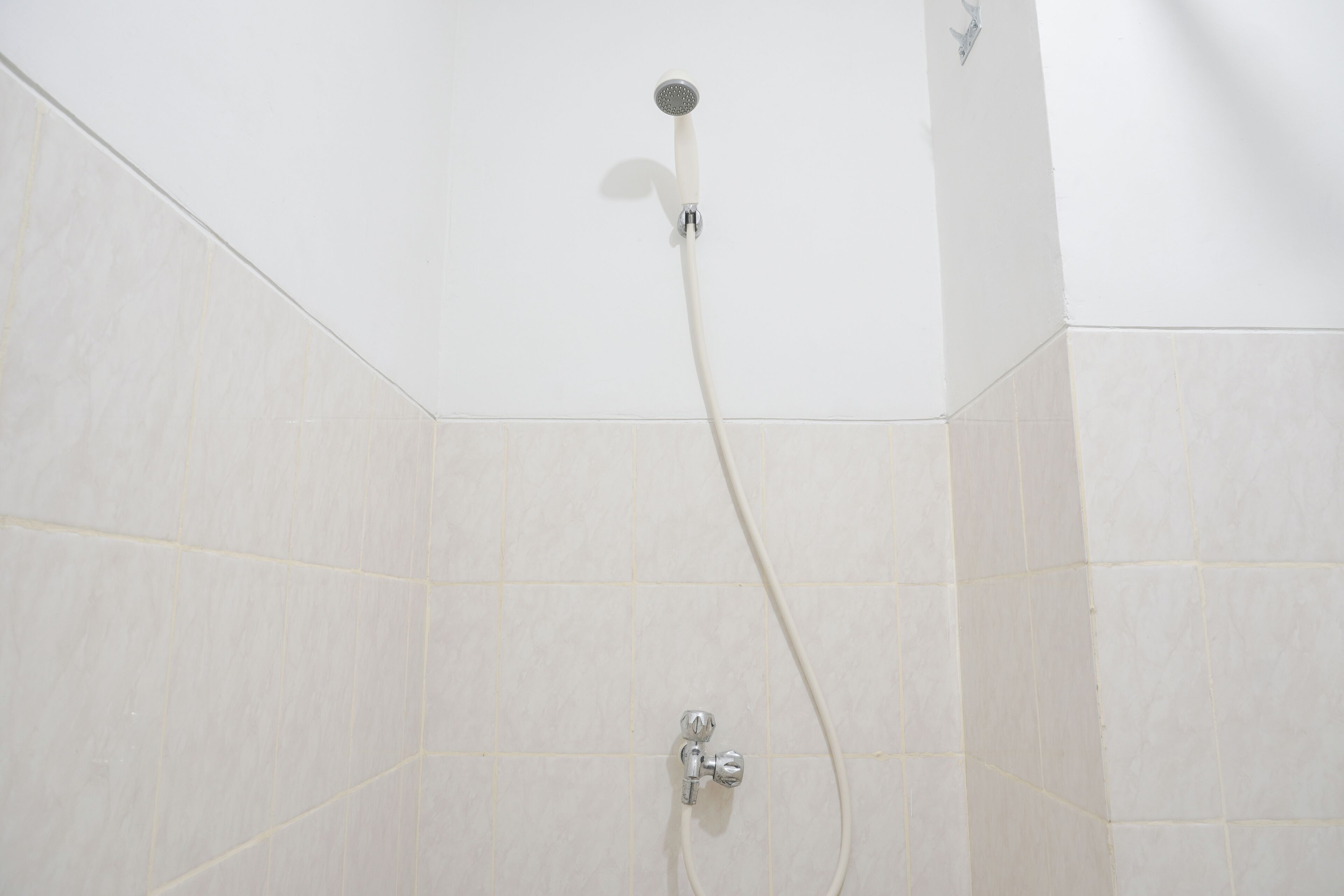 A shower area with a handheld showerhead and a wall-mounted faucet.