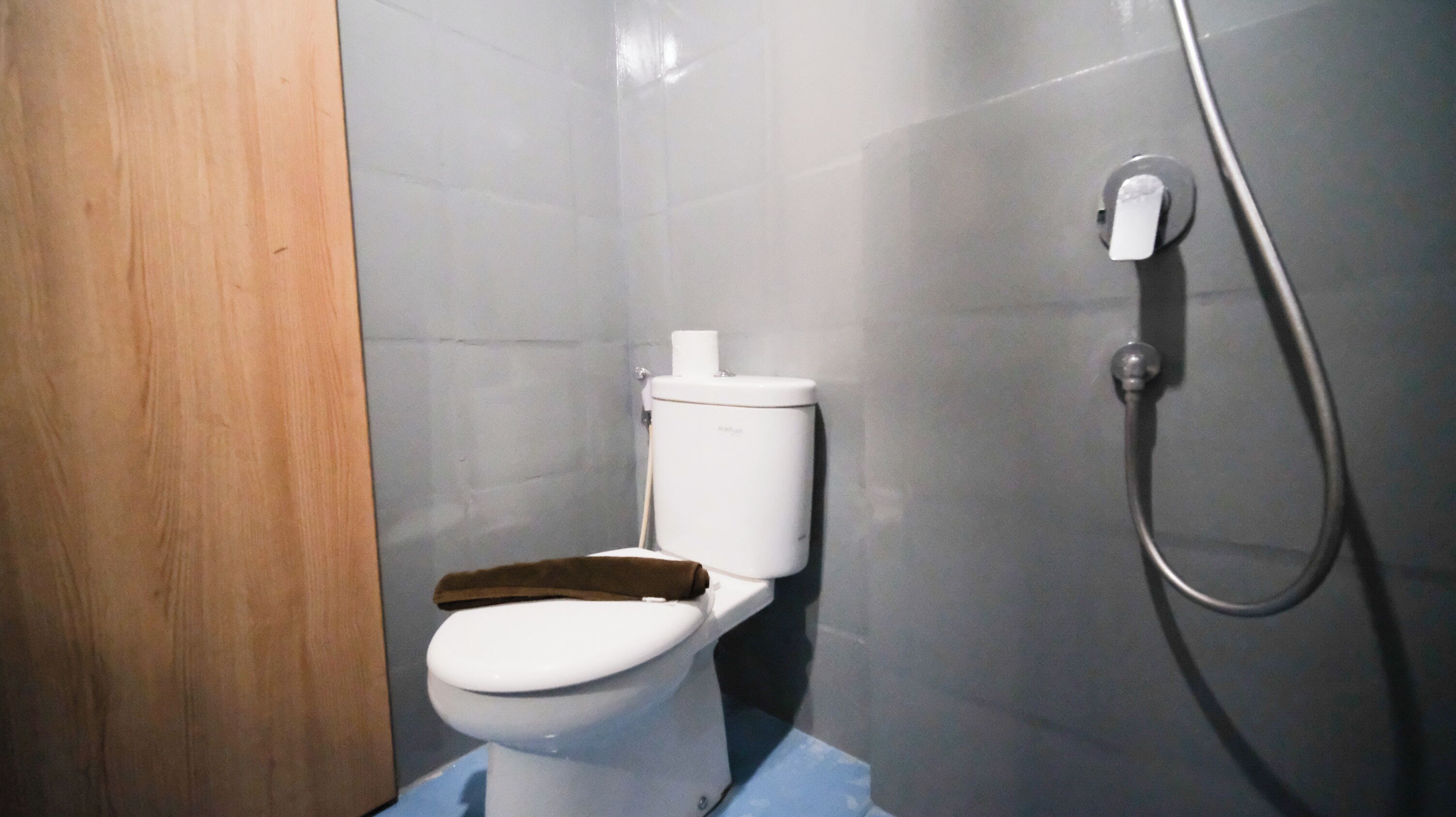 Un bagno piccolo e moderno, con il water, una doccia e una porta in legno.