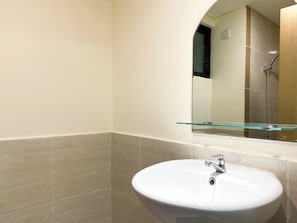 A bathroom with a white sink, a glass shelf above it, and a mirror reflecting a shower area.