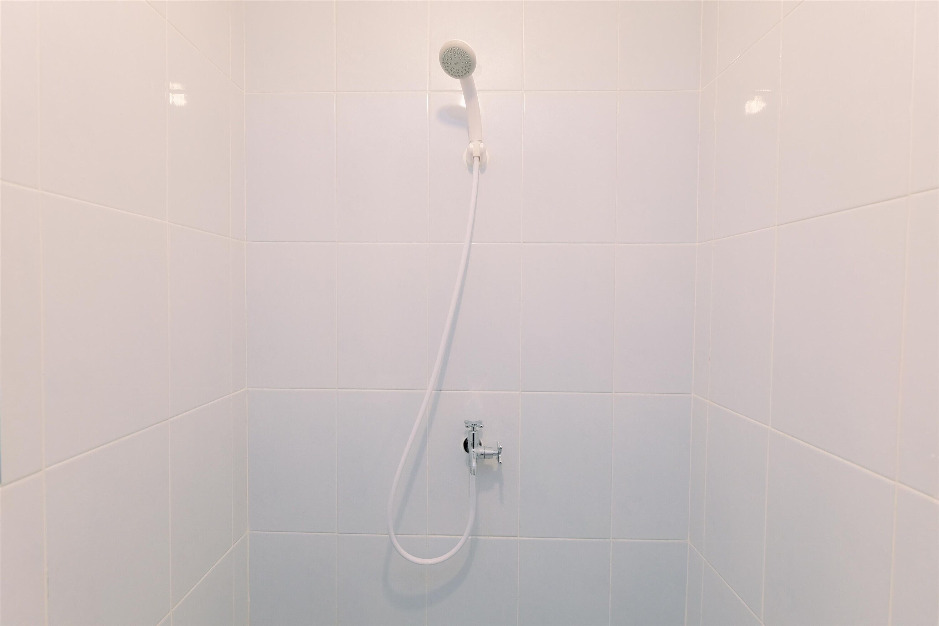 A shower with a handheld showerhead and a wall-mounted faucet.