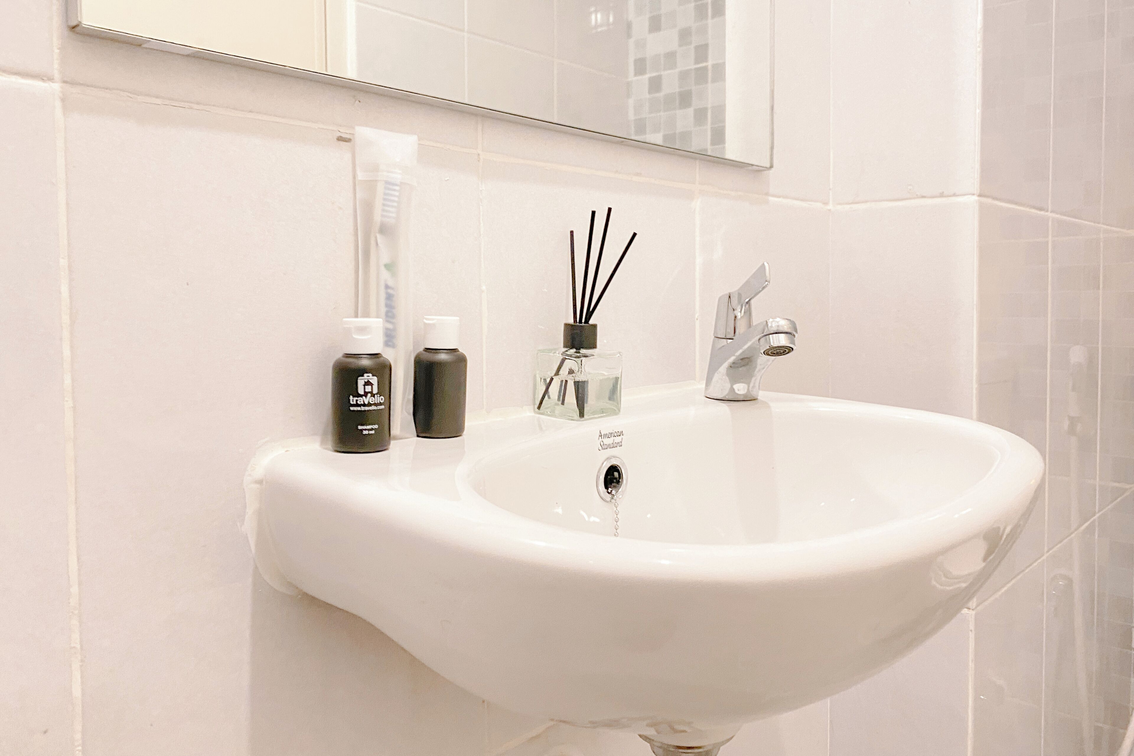 A bathroom with a white sink, a mirror, and toiletries including a bottle of hand soap, a bottle of shampoo, and a reed diffuser.