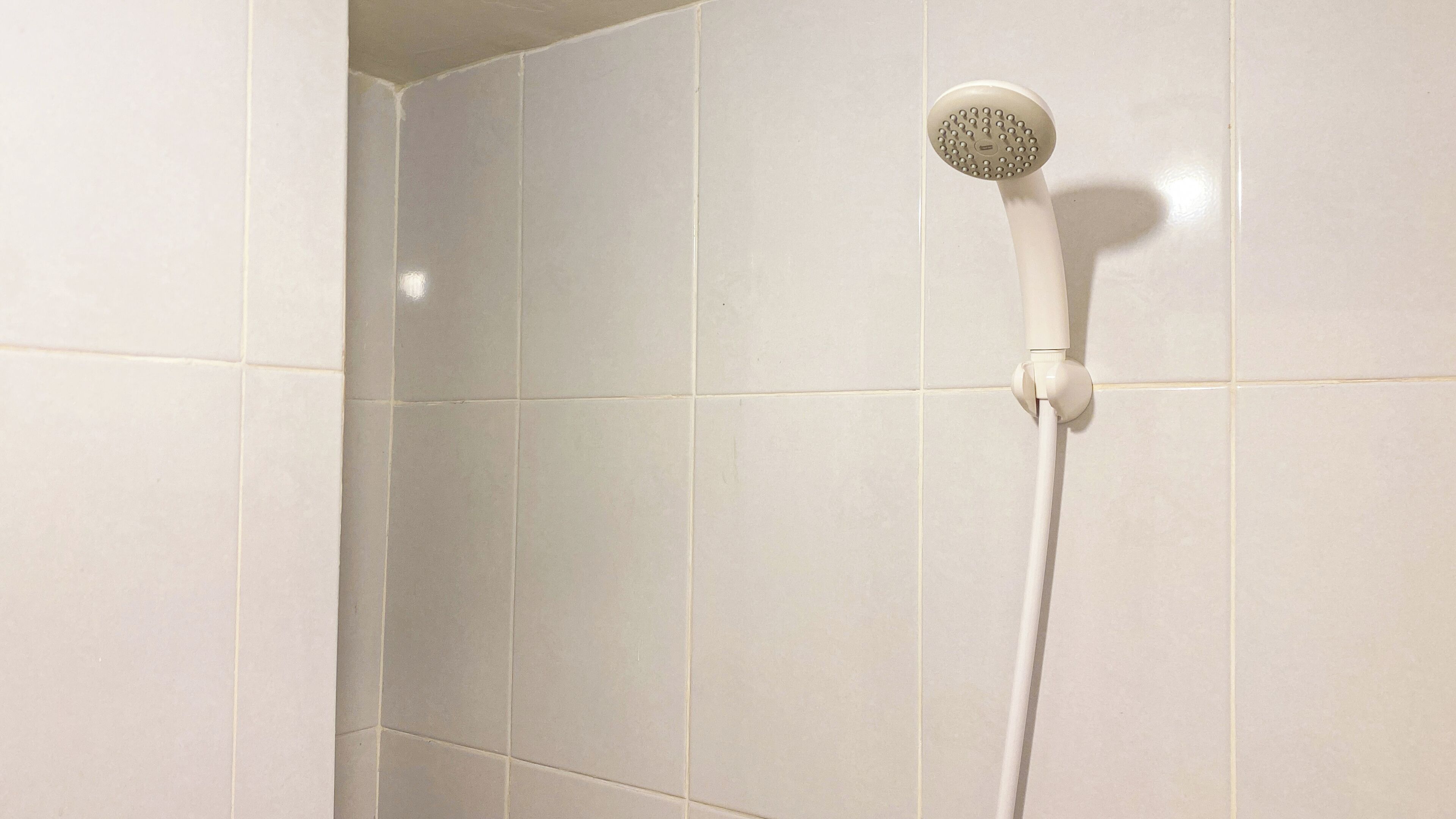 A shower with a handheld showerhead mounted on a wall.
