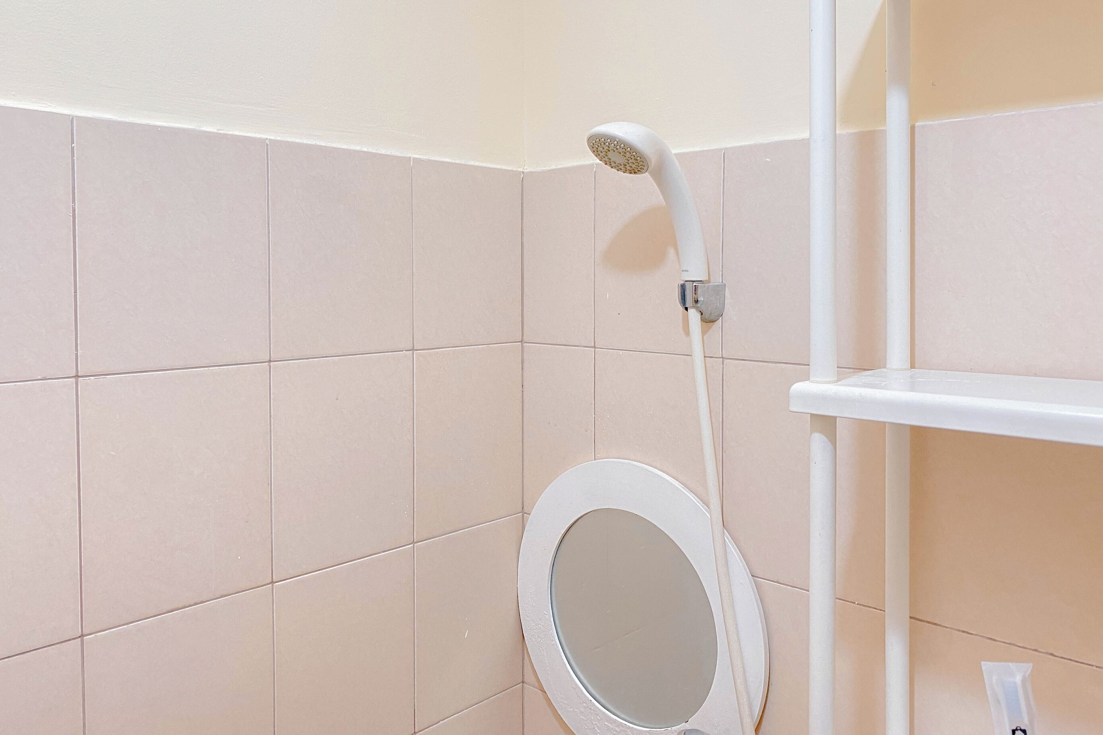 A bathroom with a white toilet, a showerhead, and a white sink.