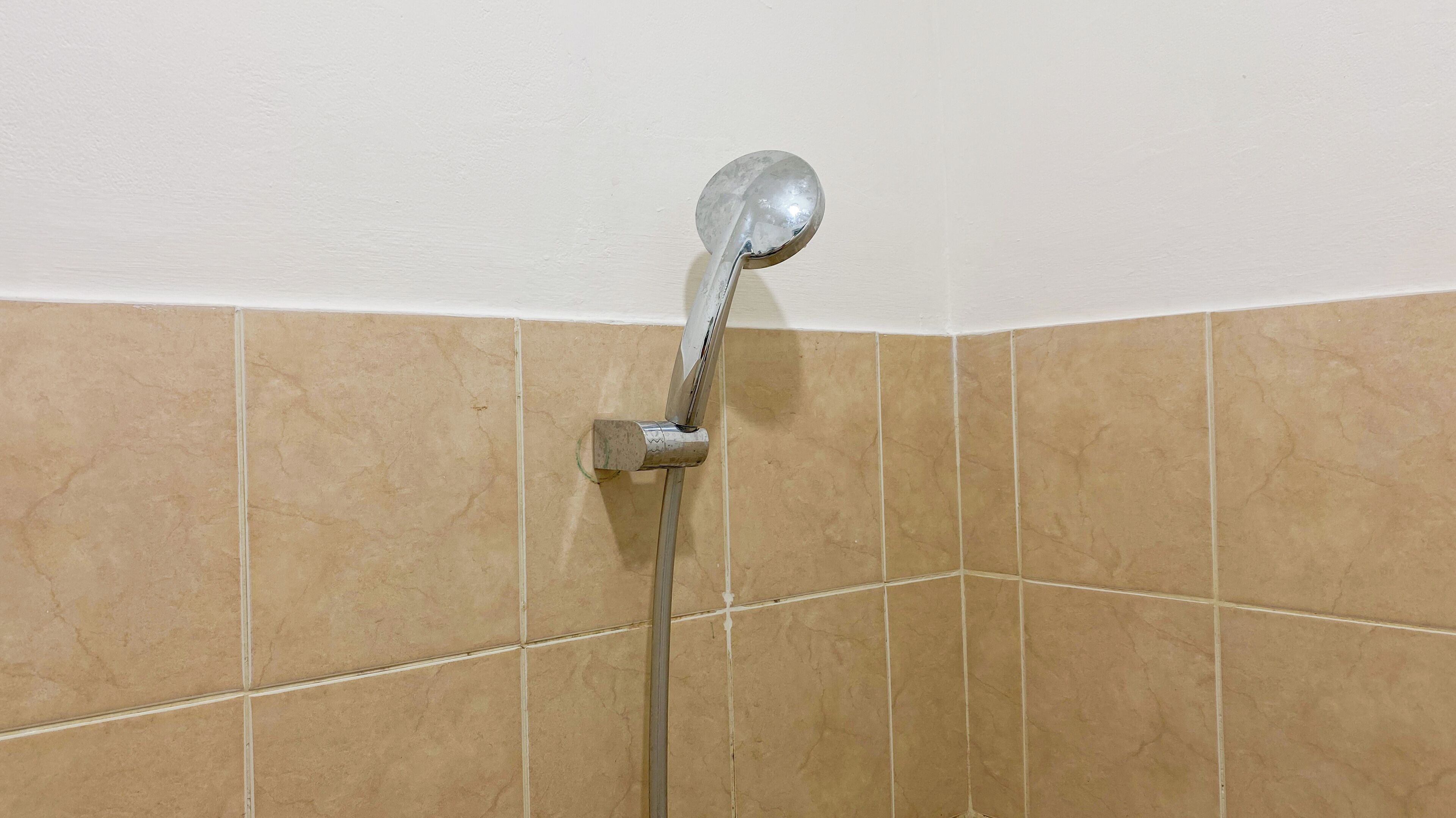 A showerhead mounted on a wall with beige tiles.