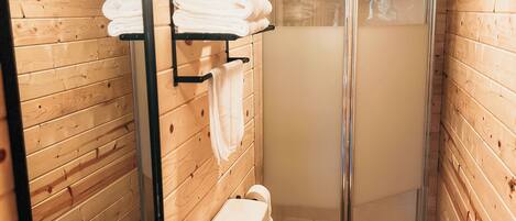 Shower, towels, soap, toilet paper