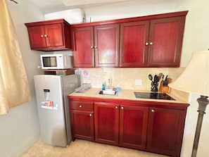 Fridge, microwave, stovetop, coffee/tea maker