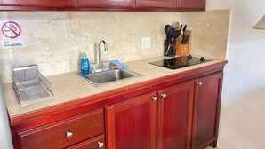 A kitchen with wooden cabinets, a stainless steel sink, and a stove. - Sleek & Sunny Island Studio | Kitchenette (St. Thomas)