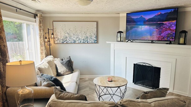 A living room with a sofa, a coffee table, a fireplace, a TV, and a painting on the wall. - Home Sweet Home (Sutherlin)